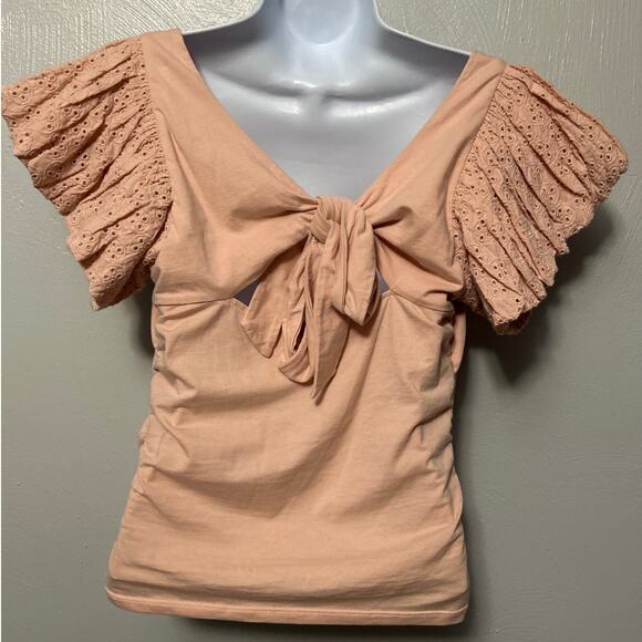 Express Pink Square Neck Eyelet Short Sleeve Rouched Sides Back Bow Size Medium - Picture 8 of 13